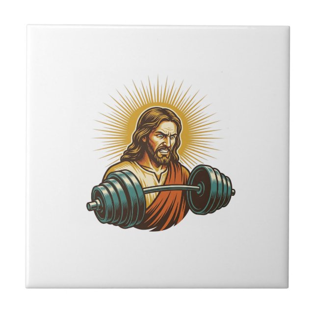 Jesus Accidentally Adding Too Much Weight Gym Fail Ceramic Tile (Front)