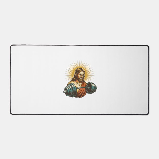 Jesus Accidentally Adding Too Much Weight Gym Fail Desk Mat (Front)