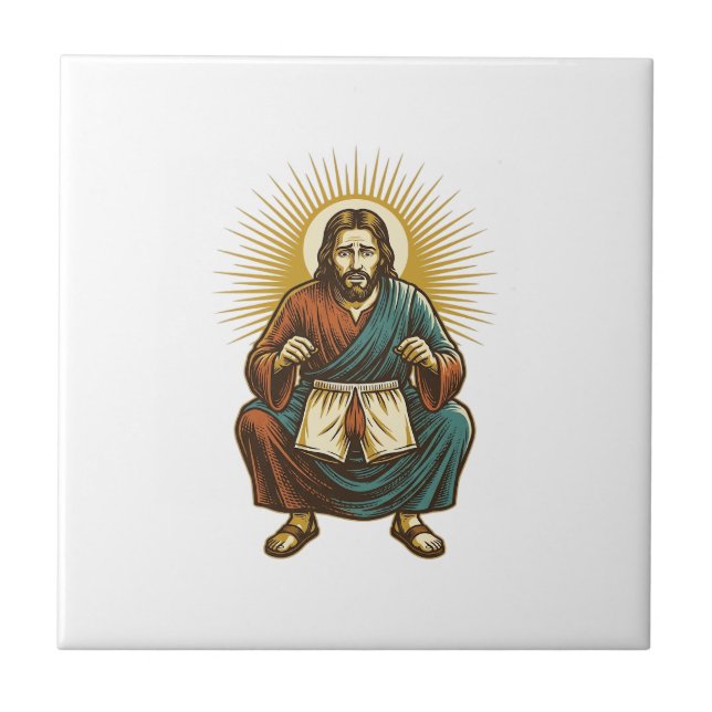 Jesus Adjusting Uncomfortable Wedgie Mid Squat Gym Ceramic Tile (Front)