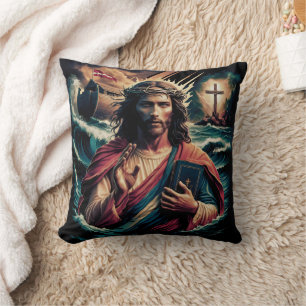 Jesus amid turbulent waves holding a book cushion