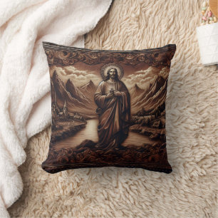Jesus Amidst Mountain Landscape at Dusk Cushion
