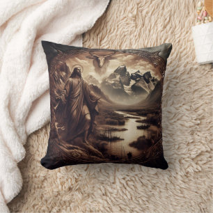 Jesus Amidst Mountains and River in Nature Cushion