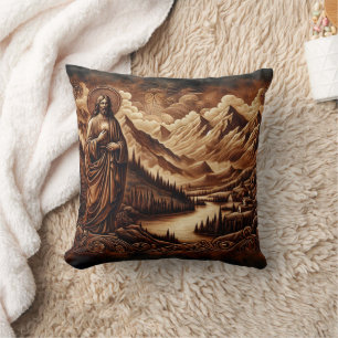 Jesus Amidst Mountains and River Landscape Cushion