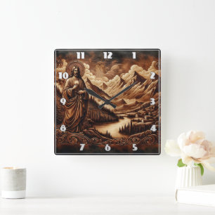 Jesus Amidst Mountains and River Landscape Square Wall Clock