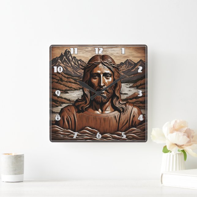 Jesus Amidst Mountains and River Landscape Square Wall Clock (Home)