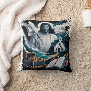 Jesus amidst waves and treasure near a church cushion