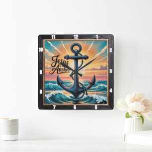 Jesus Anchor Waves Sunset Square Wall Clock