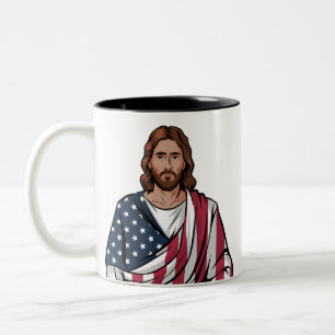 Jesus and American flag Two-Tone Coffee Mug