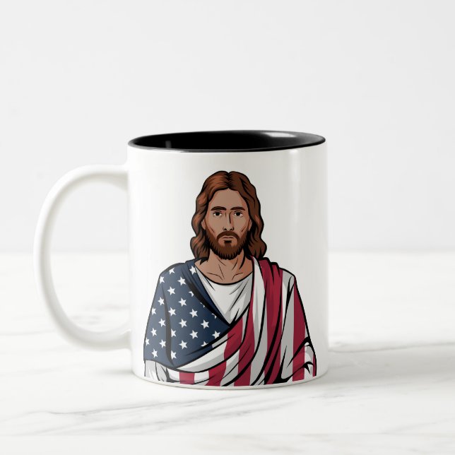 Jesus and American flag Two-Tone Coffee Mug (Left)