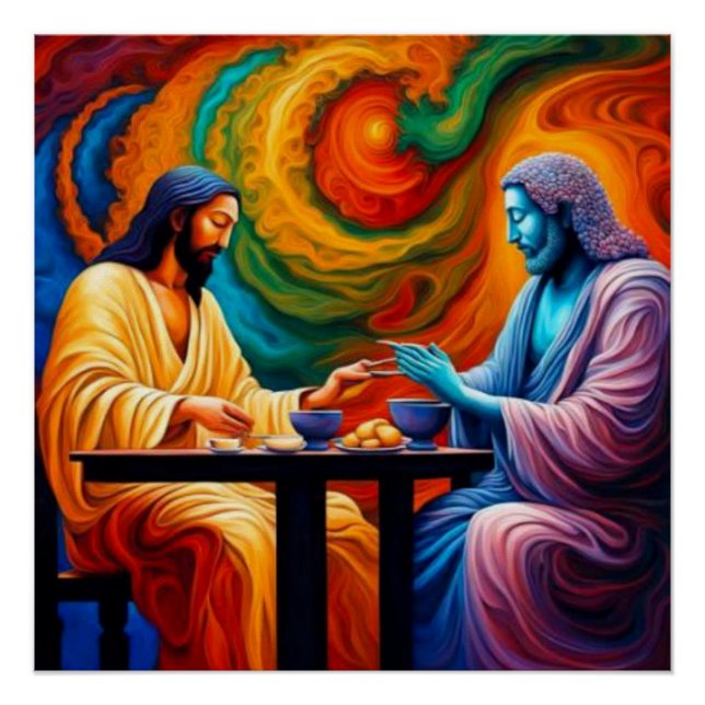 Jesus and Buddha share a meal Poster (Front)