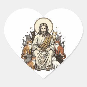 Jesus and Cats Vintage Heart Sticker