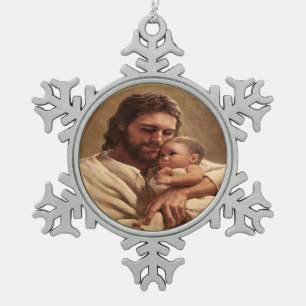 Jesus and child snowflake pewter christmas ornament