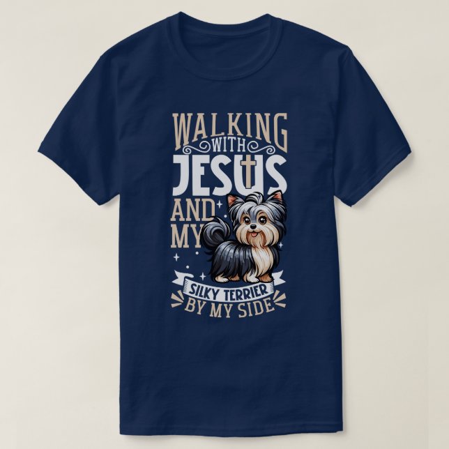 Jesus and dog Australian Silky Terrier T-Shirt (Design Front)