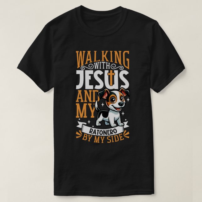 Jesus and dog Ratonero Bodeguero Andaluz T-Shirt (Design Front)