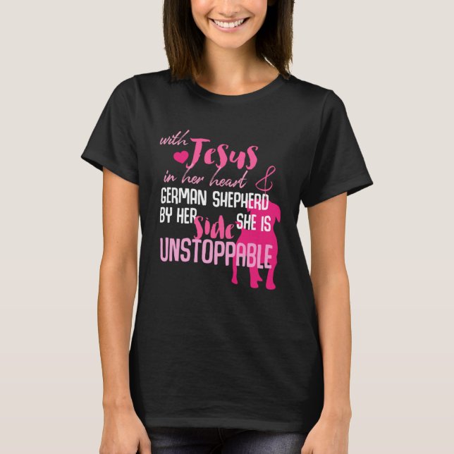 Jesus And German Shepherd Dog By Side And Heart T-Shirt (Front)