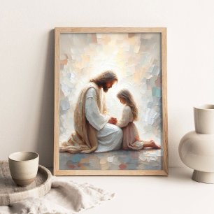 Jesus and Little Girl Praying, Modern Christian Ar Poster