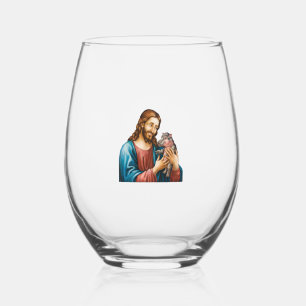 Jesus and Moo Deng A Sacred Moment Playful Twist L Stemless Wine Glass