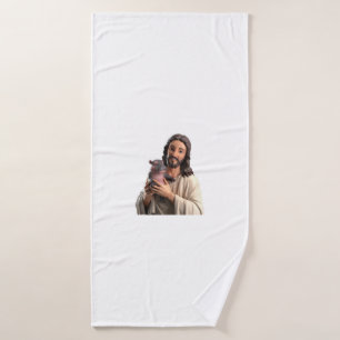 Jesus and Moo Deng_ A Unique Take on Classic Art T Bath Towel