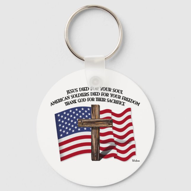 Jesus and the American Soldiers rugged cross US... Key Ring (Front)
