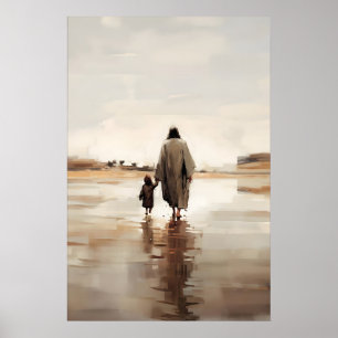 Jesus And The Little Girl Watercolor Bible Scene Poster