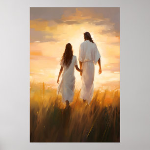 Jesus and Woman Holding Hands Follow Me Walk With Poster