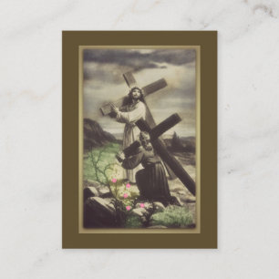Jesus and Young Girl Carrying Cross Holy Card