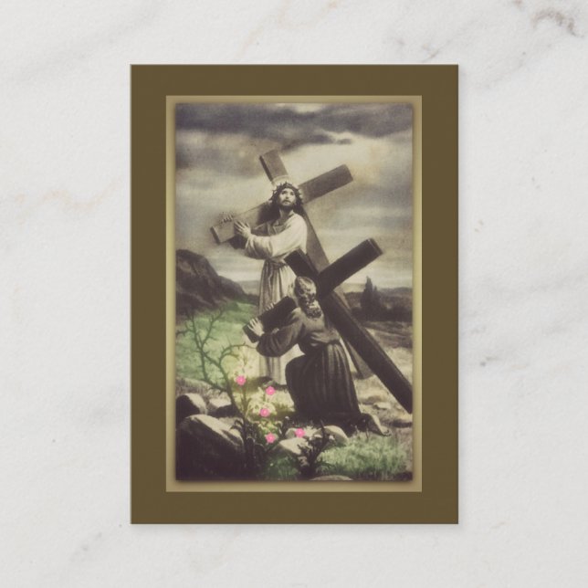 Jesus and Young Girl Carrying Cross Holy Card (Front)