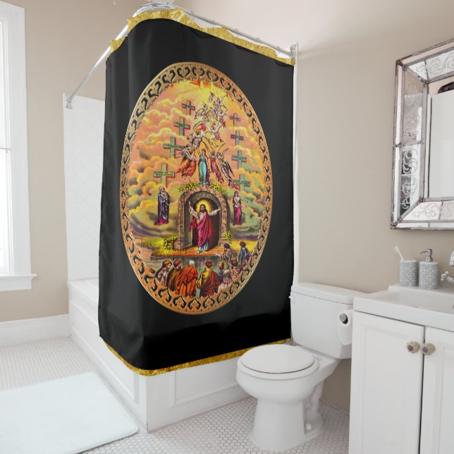 Jesus at Heaven's Gate gold foil and black texture Shower Curtain (In Situ)