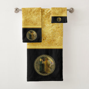 Jesus At Your Door in gold foil and black Bath Towel Set
