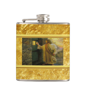 Jesus At Your Door with a gold foil design Hip Flask