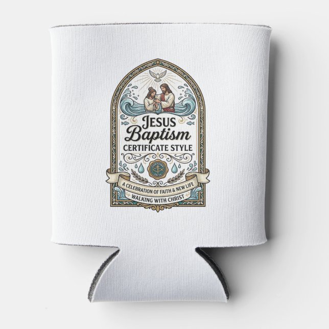 Jesus Baptism Certificate Style Jesus Baptism Cert Can Cooler (Front)