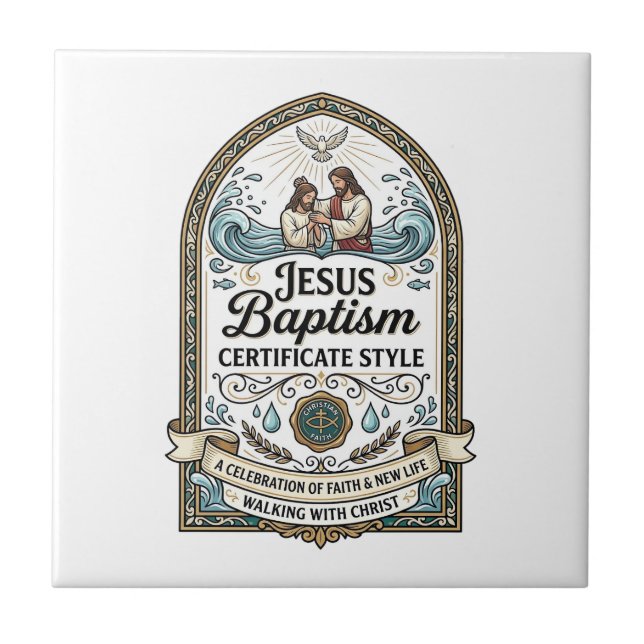 Jesus Baptism Certificate Style Jesus Baptism Cert Ceramic Tile (Front)