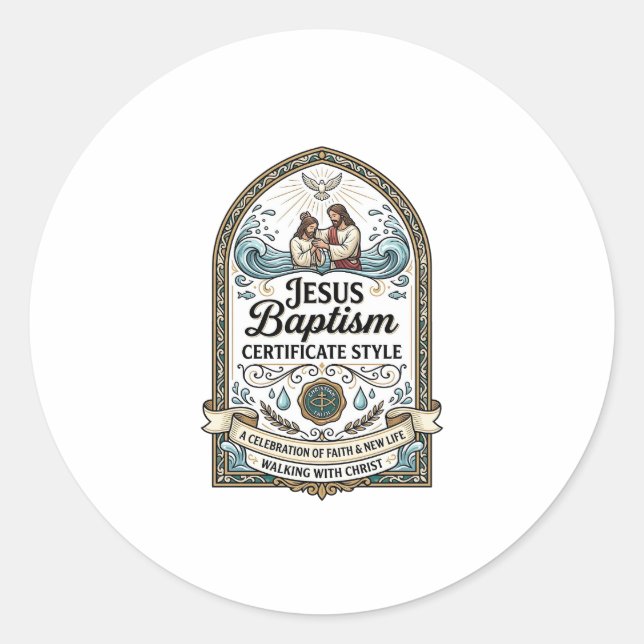 Jesus Baptism Certificate Style Jesus Baptism Cert Classic Round Sticker (Front)