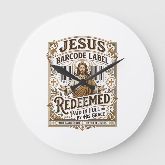 Jesus Barcode Label Redeemed Jesus Barcode Redeeme Large Clock (Front)