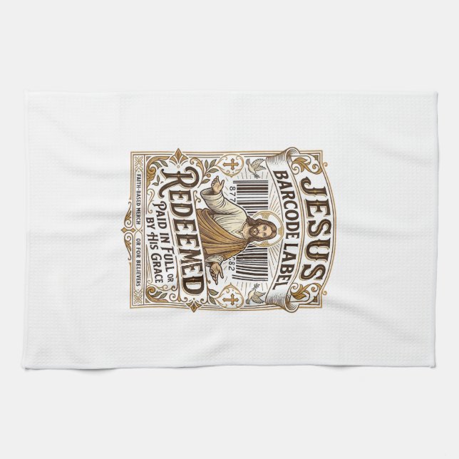 Jesus Barcode Label Redeemed Jesus Barcode Redeeme Tea Towel (Horizontal)