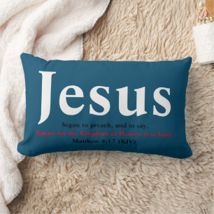 Jesus Began To Preach. Matthew 4:17 Blue Lumbar Cushion