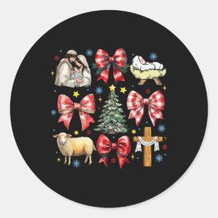 Jesus Birth Christmas Coquette Bow Nativity Scene  Classic Round Sticker