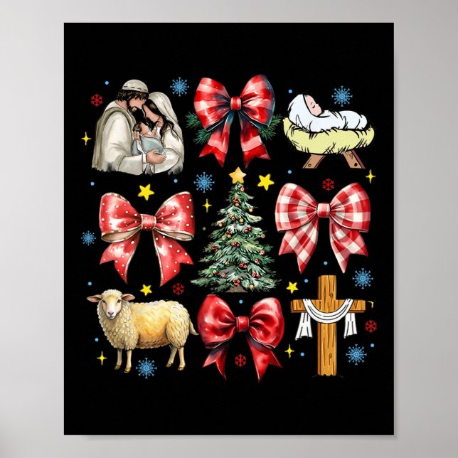 Jesus Birth Christmas Coquette Bow Nativity Scene  Poster (Front)