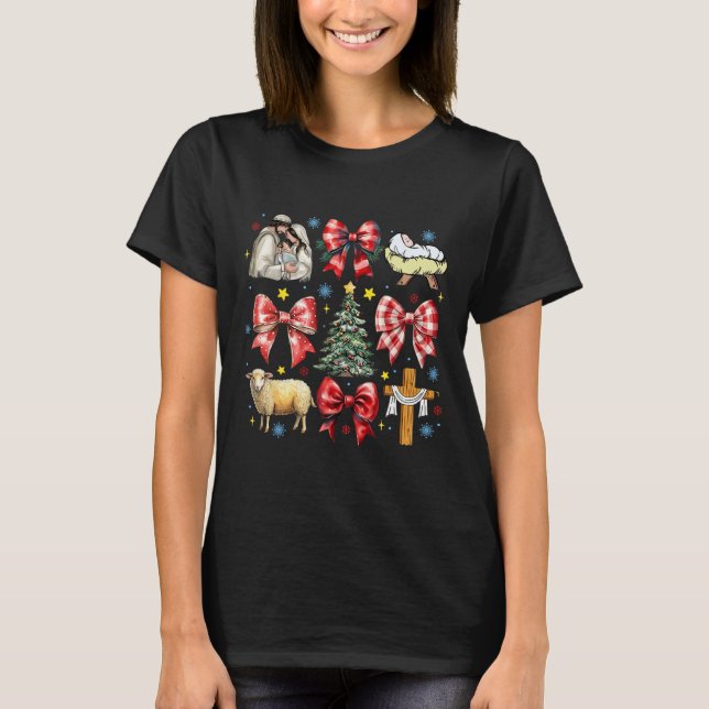 Jesus Birth Christmas Coquette Bow Nativity Scene  T-Shirt (Front)