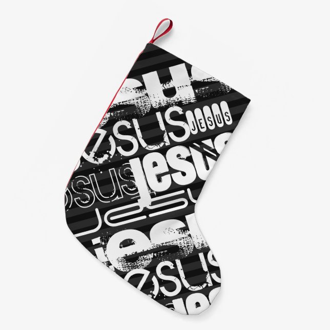 Jesus; Black & Dark Grey Stripes Small Christmas Stocking (Front (Hanging))