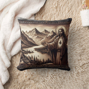 Jesus Blessing a Mountain Landscape Cushion