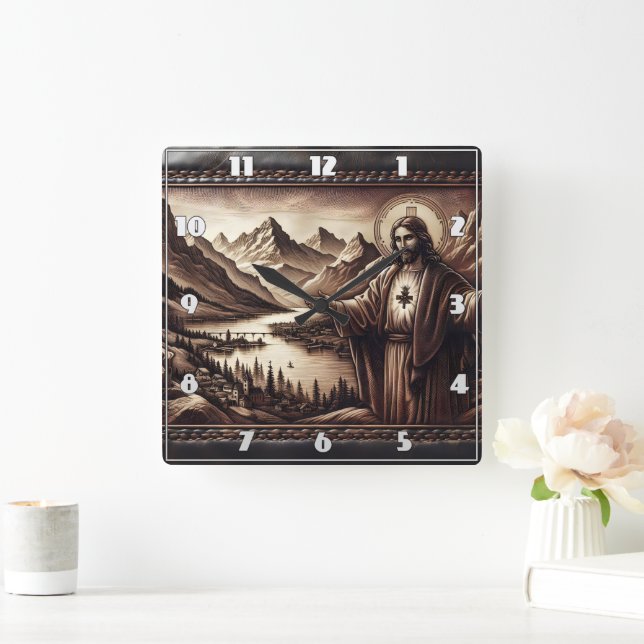 Jesus Blessing a Mountain Landscape Square Wall Clock (Home)