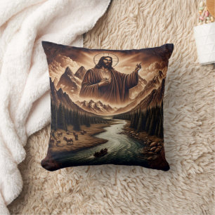Jesus Blessing a Serene River Landscape Cushion