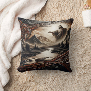 Jesus Blessing Nature in Serene Landscape Cushion