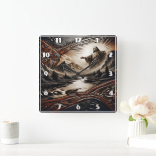 Jesus Blessing Nature in Serene Landscape Square Wall Clock