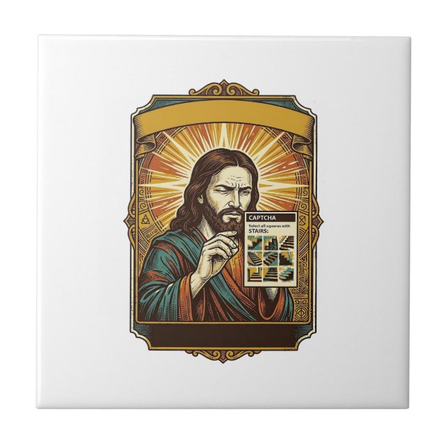 Jesus Blurry Stairs Captcha Test Tech Security Hum Ceramic Tile (Front)