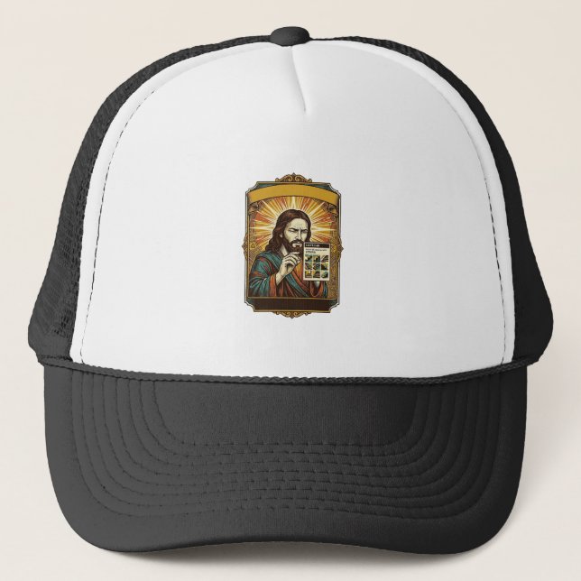 Jesus Blurry Stairs Captcha Test Tech Security Hum Trucker Hat (Front)