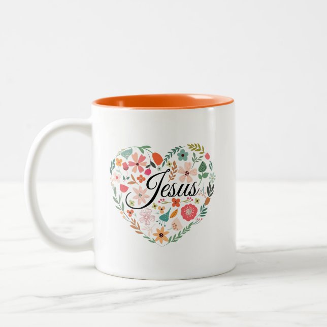 Jesus Boho Christian Heart Motif Inspirational  Two-Tone Coffee Mug (Left)