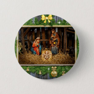 Jesus born manger 6 cm round badge
