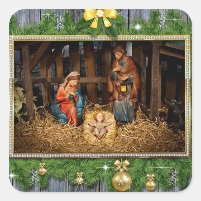 Jesus born manger square sticker (Front)